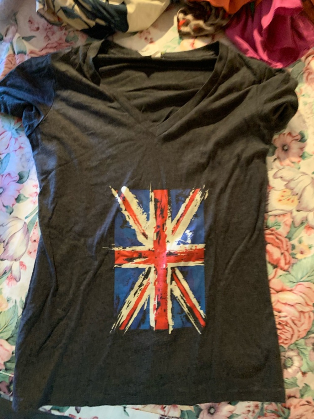 Bella Canvas Women's Charcoal V-Neck Tee with Union Jack Graphic Size Large